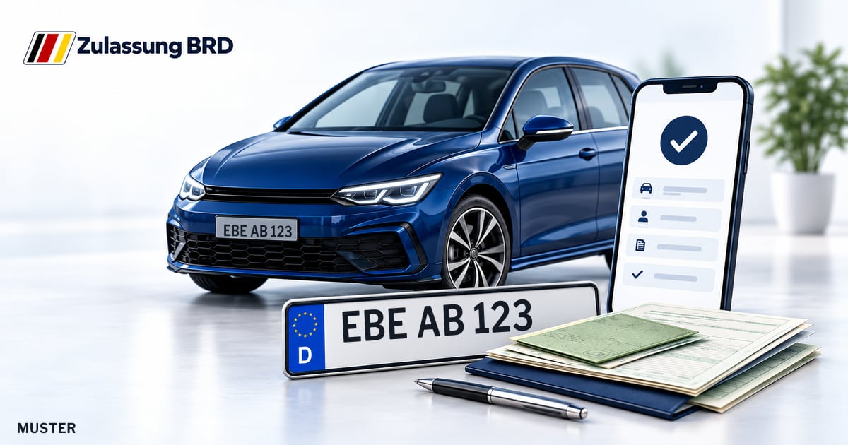 Online Fahrzeugzulassung in Poing: Musterkennzeichen EBE AB 123, Auto und Fahrzeugpapiere und Smartphone. Illustration mit Logo von Zulassung BRD.
